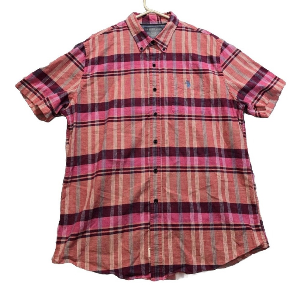 U.S. Polo Assn. Mens XL Button Down Red Orange Pink Check Short Sleeve Shirt
